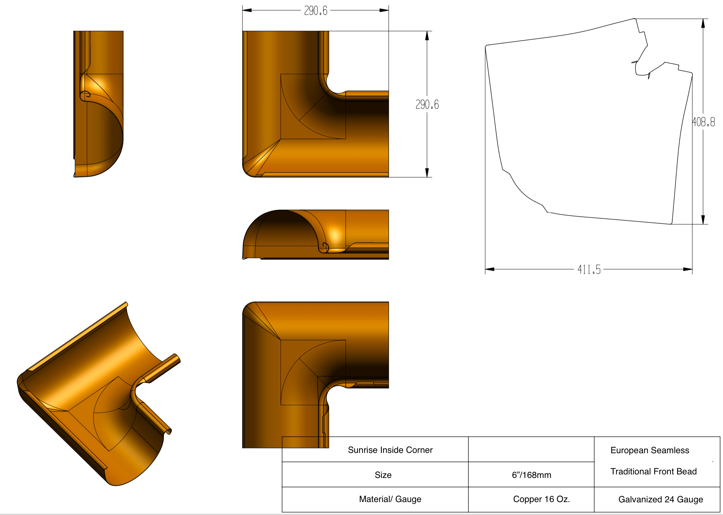 6" Copper Inside Corner | Traditional Front Bead Half Round Seamless Copper Inside Miter