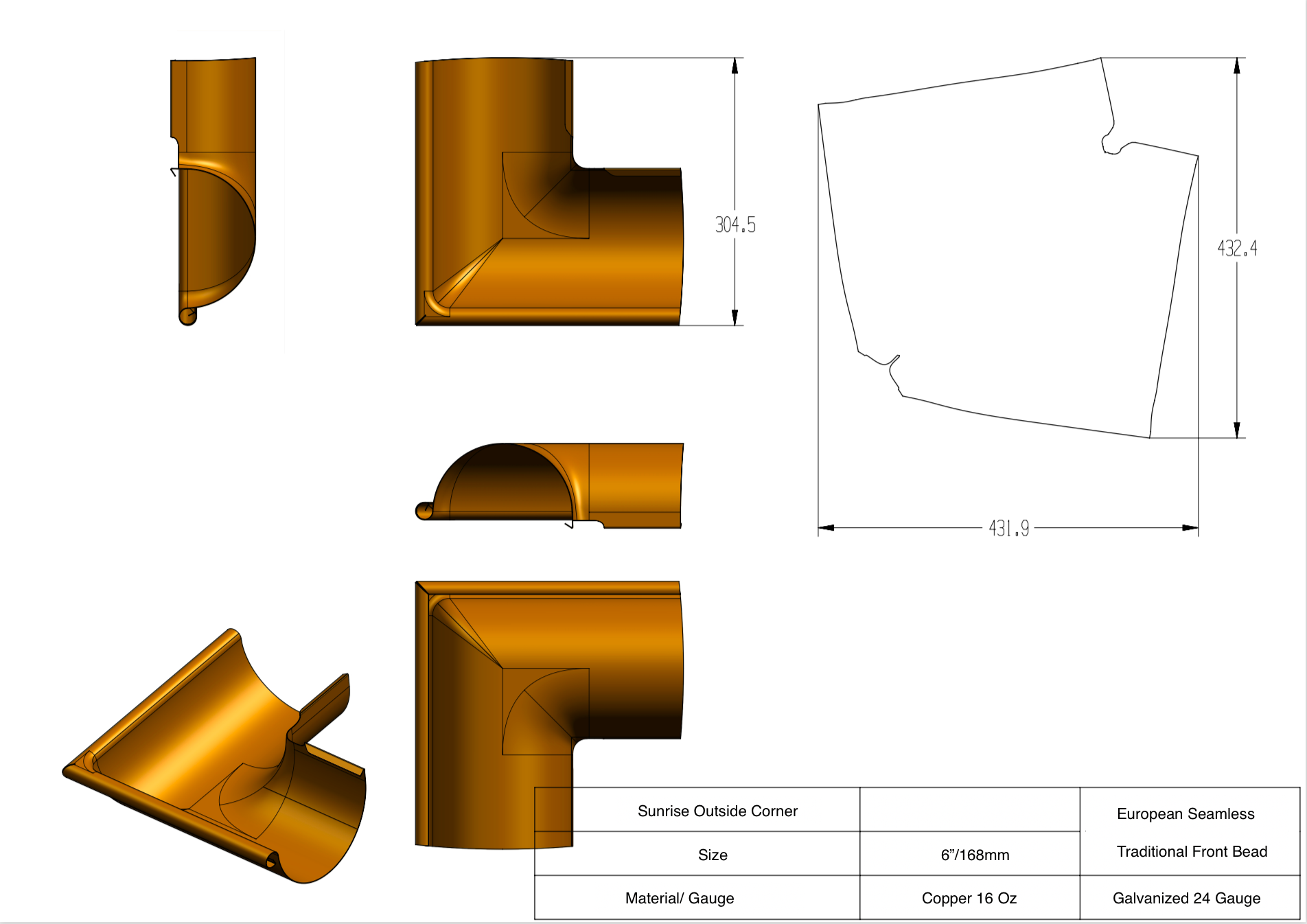 6" Copper Outside Corner | Traditional Front Bead Half Round Seamless Copper Outside Miter