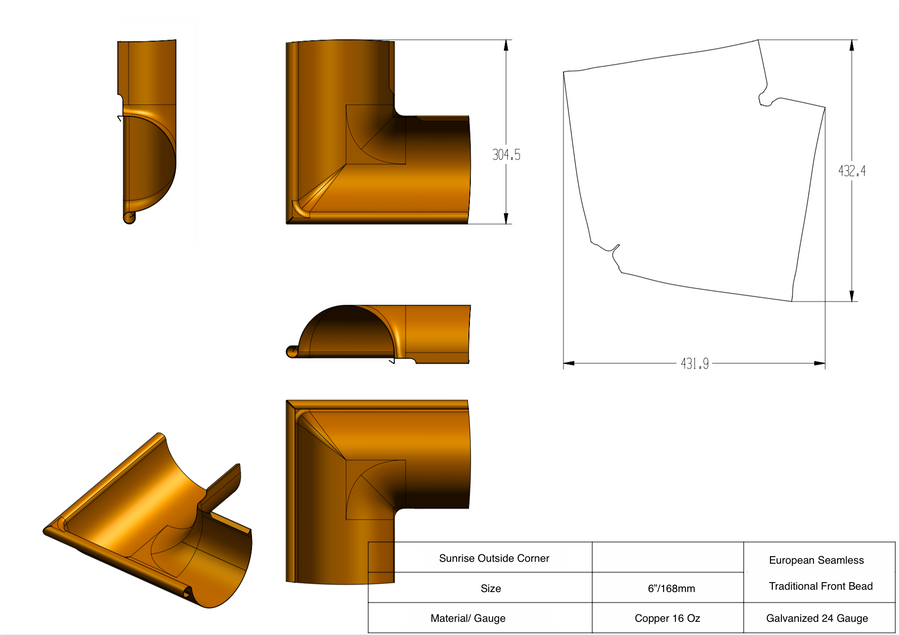 6" Copper Outside Corner | Euro Copper Half Round Outside Miter